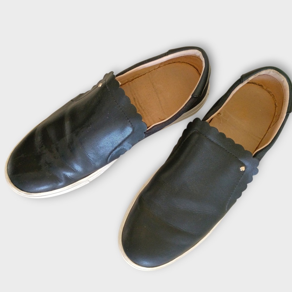 Kate Spade New York Black Leather Scalloped Slip On Sneakers Women's‎